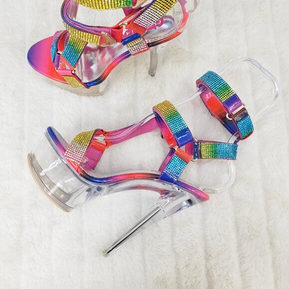 Bulls Rainbow Rhinestone Harness Strap Clear Platform Heels - Picture 17 of 17